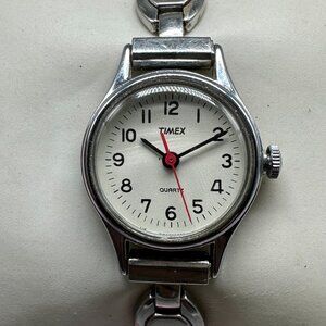 Vintage Timex Watch Women Silver Tone Red Second Hands New Battery 6.5"